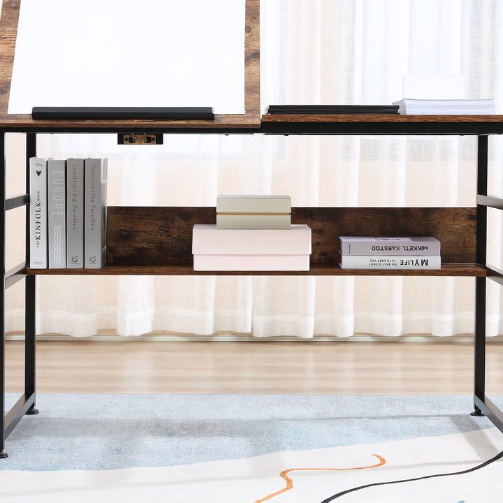 MCL Adjustable Drafting Table Art Desk Drawing Table, Craft Desk Workstation for Painting, Multifunctional Writing Desk w/ 15-Level Tiltable Tabletop and Storage Shelf, Home Office, Rustic Brown