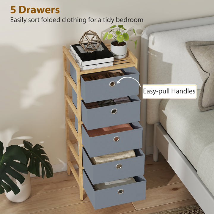 Chest of Drawers, 5 Fabric Drawers Narrow Dresser with Bamboo Frame, L