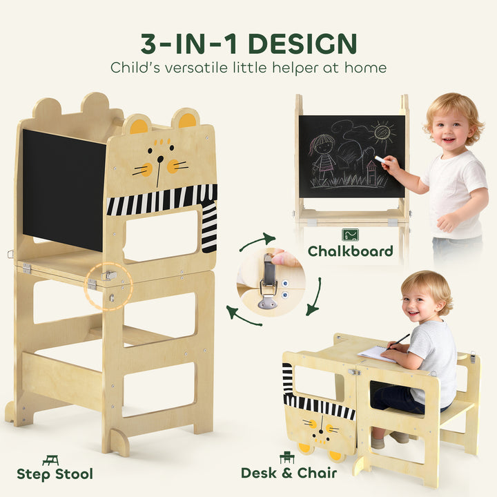 Toddler Step Stool, Standing Tower with Chalkboard, 3-in-1 Cat-Shaped Step Stool for Kitchen Counter
