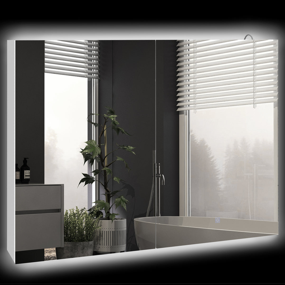Bathroom Mirror Cabinet with Light, Bathroom Storage Cupboard with Adjustable Shelf, USB Powered, 90x15x70cm, White