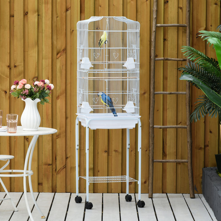 PawHut Metal Parrot Cage: Spacious Abode with Breeding Stand & Wheels, Snow White | Aosom UK