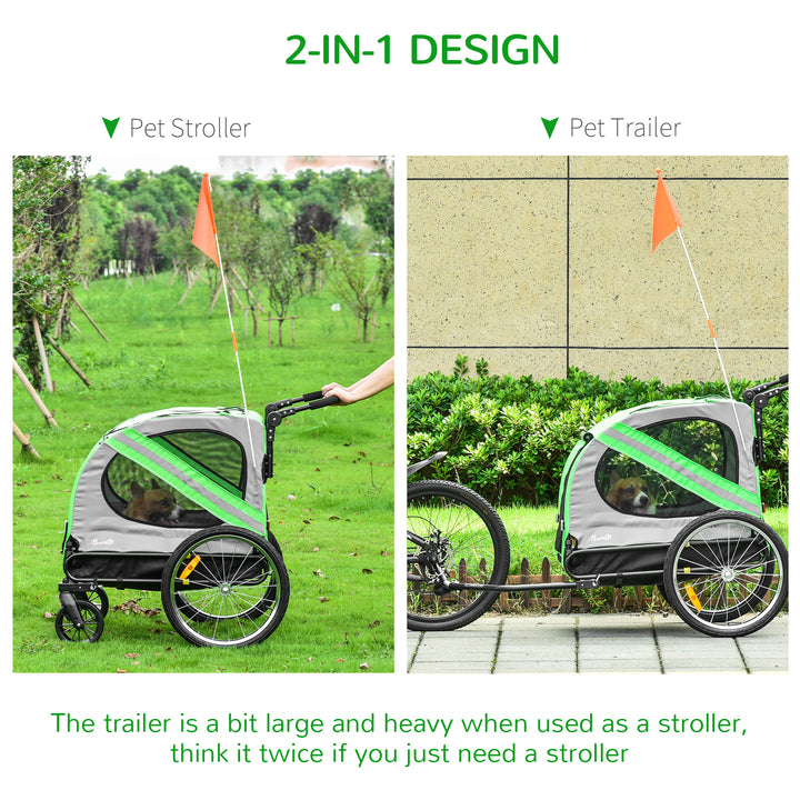 PawHut 2-in-1 Dog Bike Trailer & Pet Stroller, Steel Frame Bicycle Carrier with Universal Wheel, Reflectors & Flag, Green | Aosom UK