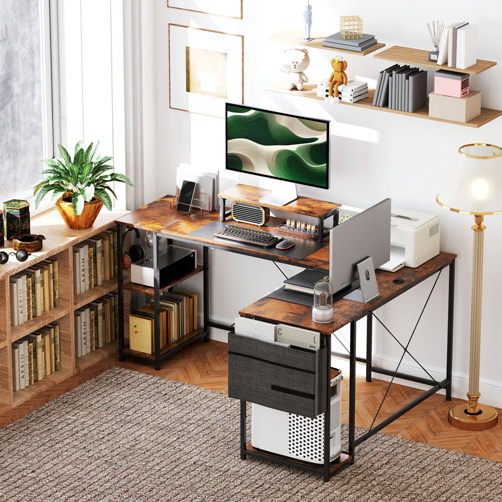 168cm Reversible L Shaped Desk, Industrial Corner Computer Desk with Adjustable Shelf and Storage Bag, 240cm 2 Person PC Table with Monitor Stand, Rustic Brown