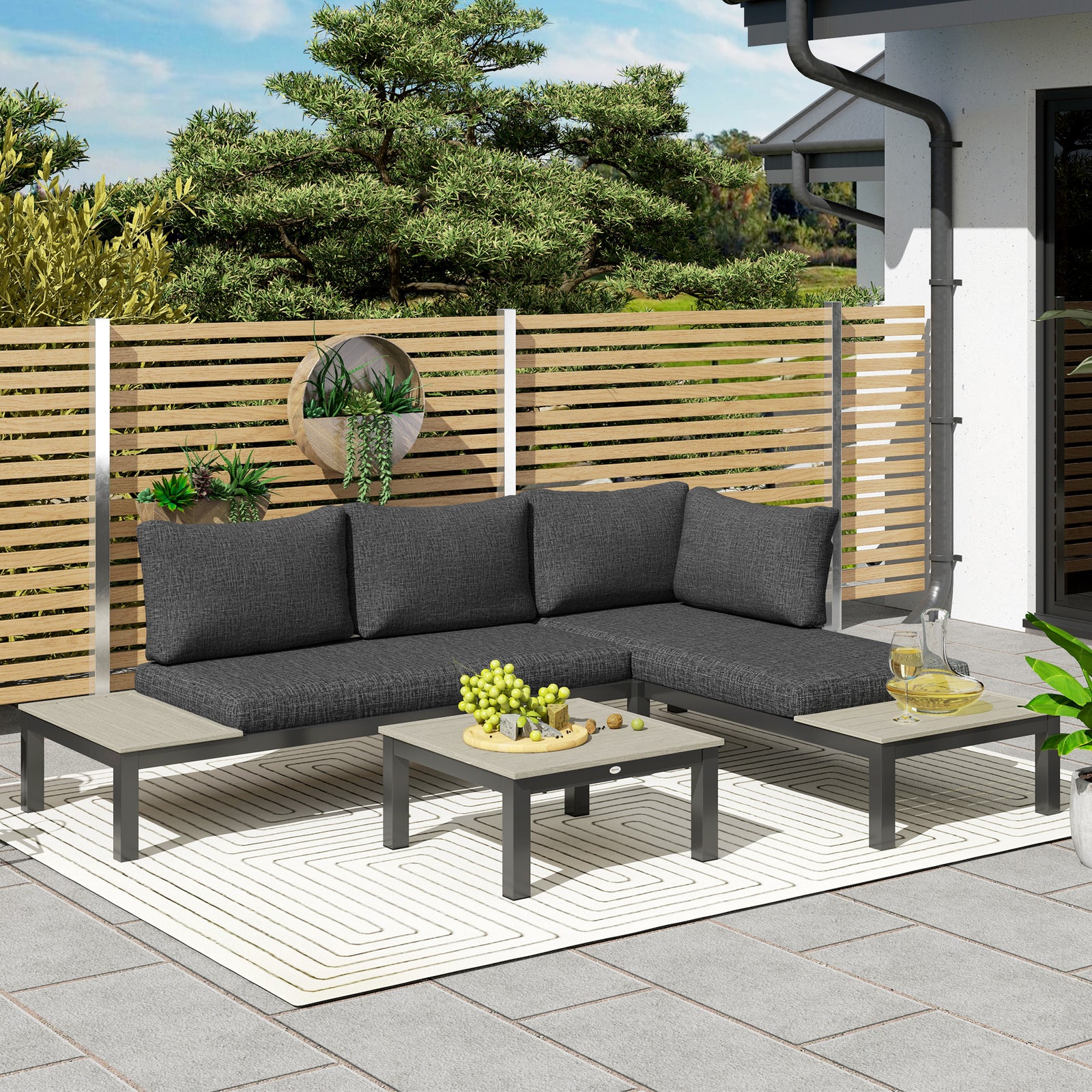 3 Pieces Garden Furniture Set, Aluminium 4 Seater Corner Sofa Set with 2 Loveseats, Coffee Table and Side Trays, Outdoor Conversation Furniture with Cushions for Garden, Dark Grey