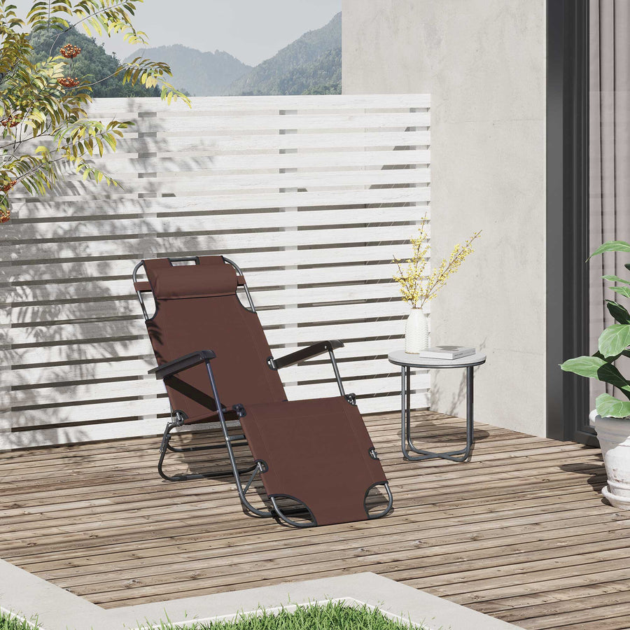 2 in 1 Folding Sun Lounger Reclining Garden Chair with 2-Level Adjustable Backrest, Outdoor Zero Gravity Recliner Garden Chair with Head Pillow and Armrests, Brown