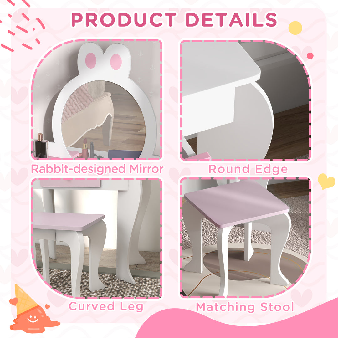 ZONEKIZ Kids Bedroom Furniture Set, Wooden with Dressing Table, Stool, Bed, Bunny-Design, for 3-6 Years | Aosom UK