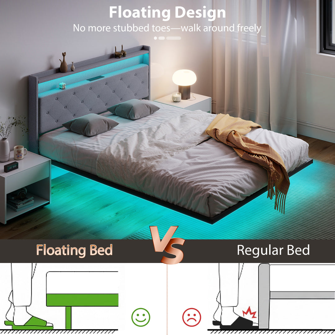 Floating Bed Frame, Upholstered 5ft King Size Bed, Platform Bed with R