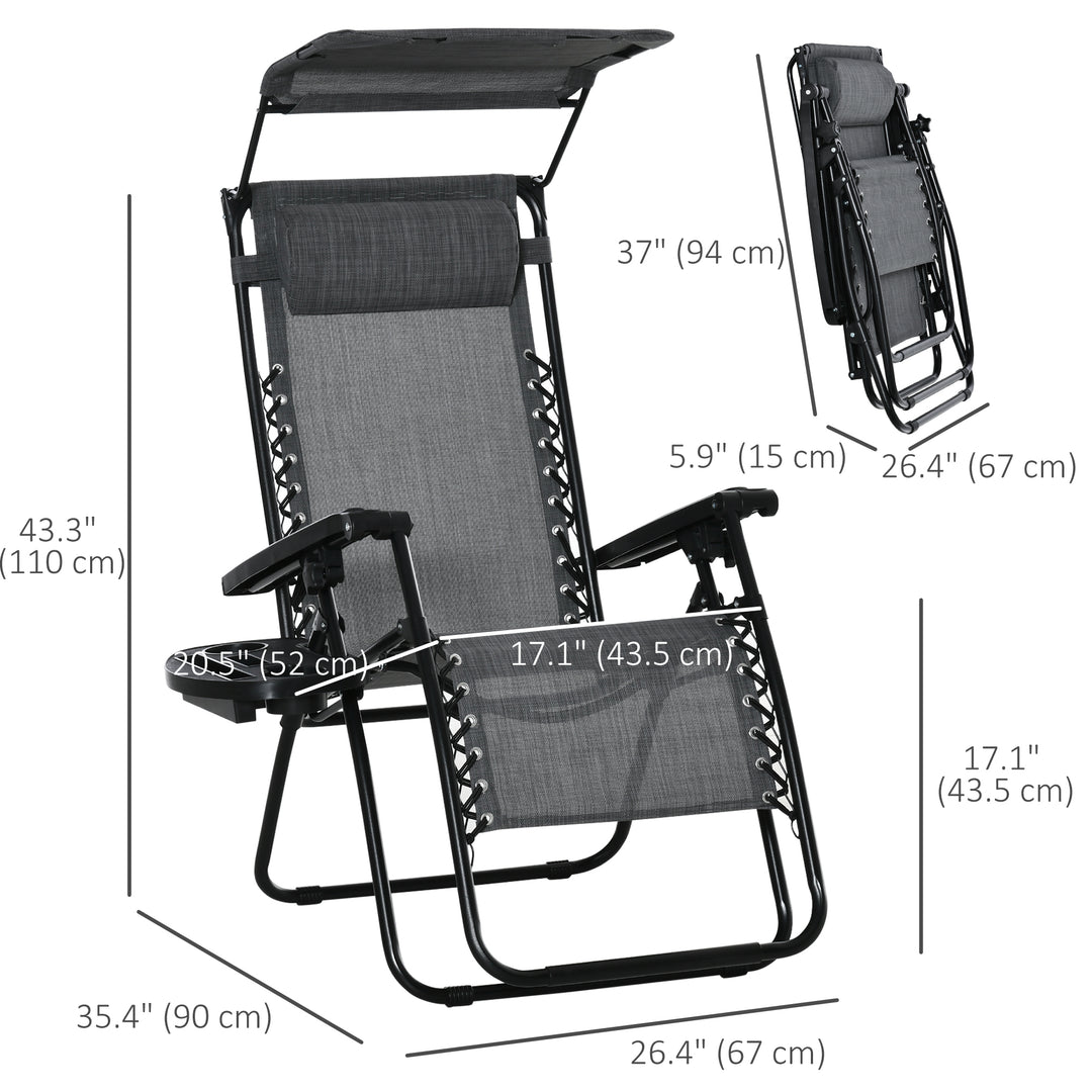 Foldable Reclining Garden Chair with Headrest, Zero Gravity Deck Sun Lounger Seat Chair with Footrest, Armrest, Cup Holder & Canopy Shade, Light Grey