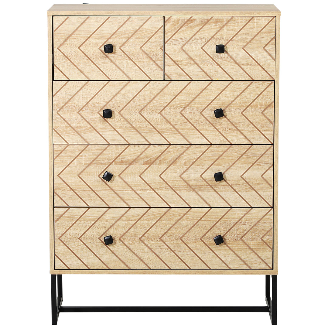 HOMCOM 5 Drawer Chest Sideboard Cabinet Storage Unit Bedroom Home Unique Zig Zag Design w/ Black Metal Handles Anti Tip & Top