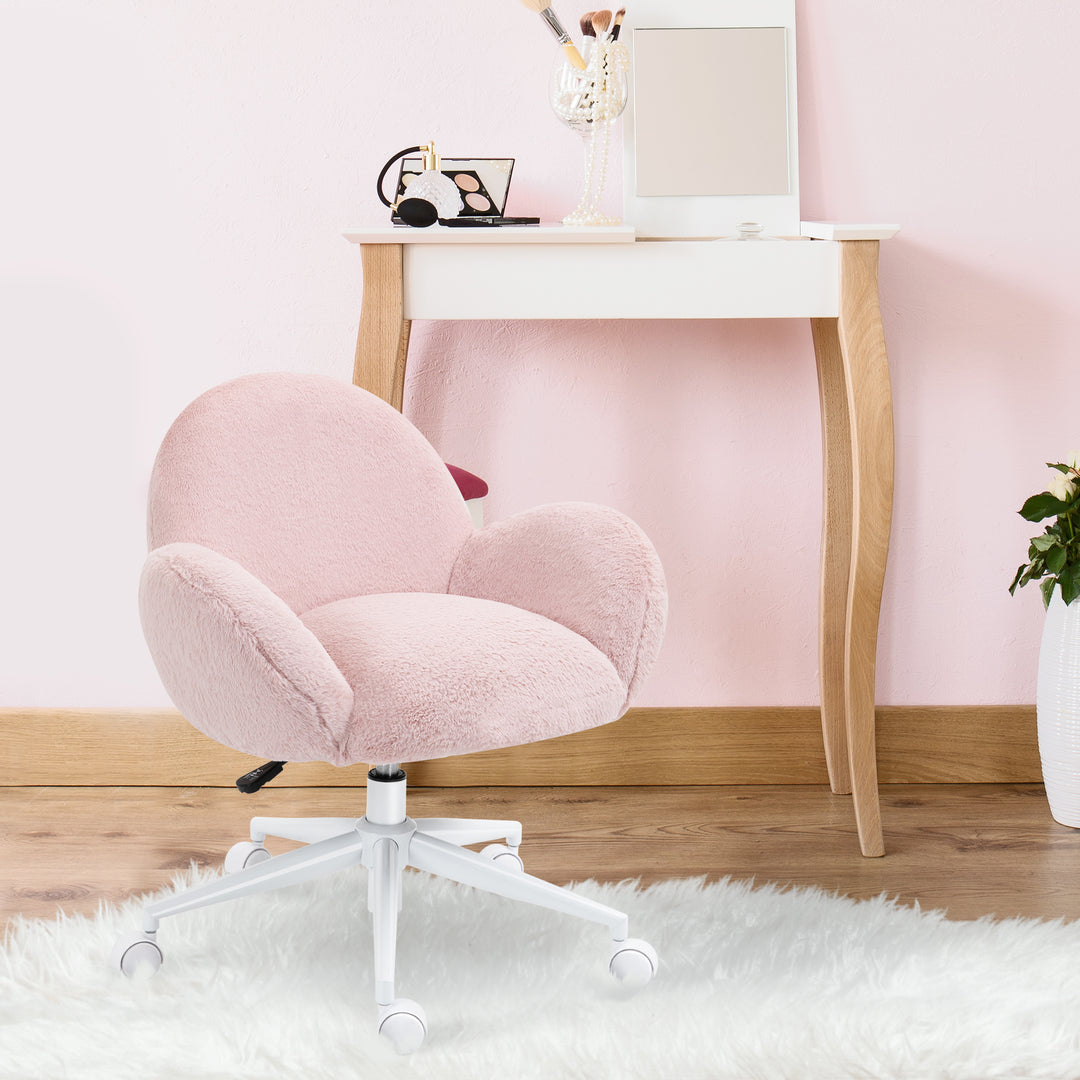 Makeup Vanity Chair, Cute Fluffy Desk Chair with Rolling Wheels for Bedroom Living Room, Pink