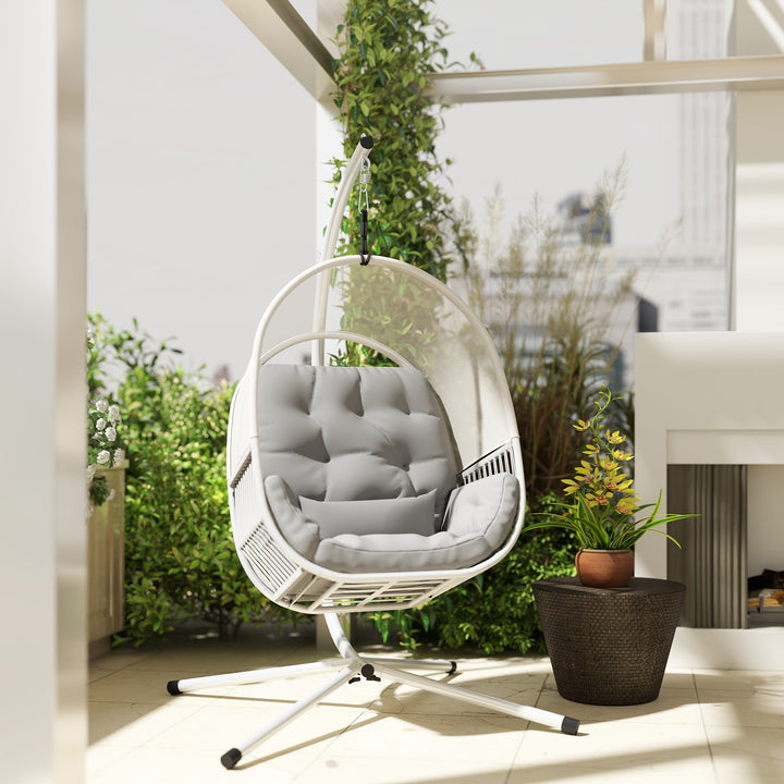 Hanging Egg Chair Outdoor Indoor, Swing Hammock Chair with Stand, Cushions, Lumbar Pillow, Adjustable Height and Steel Frame for Garden Patio Lounge Porch, Light Grey