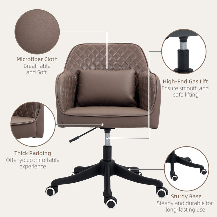 Microfiber Office Chair, Desk Chair, Makeup Vanity Chair with Massage Lumbar Pillow and Rolling Wheels for Bedroom and Home, Brown