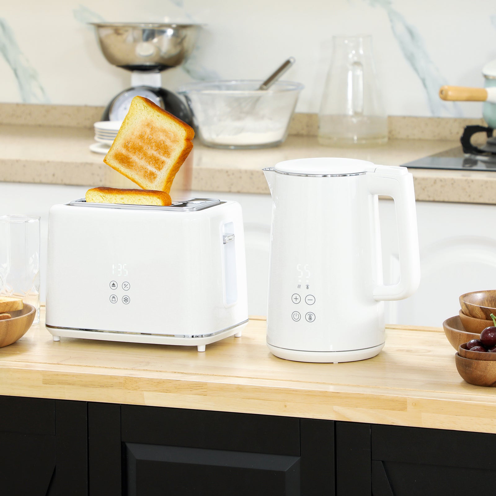 Polished Metal Kettle and Toaster Set - White