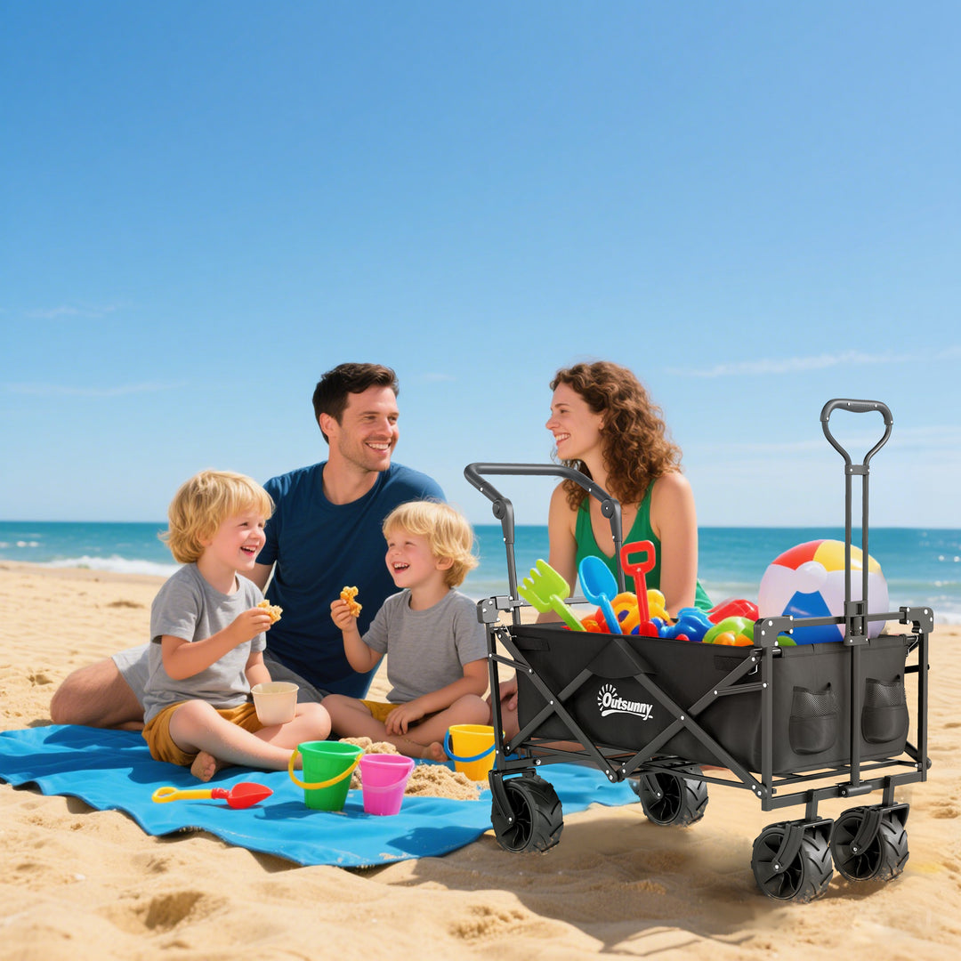 Folding Trolley Cart Storage Wagon Beach Trailer 4 Wheels with Handle Overhead Canopy Cart Push Pull for Camping, Black