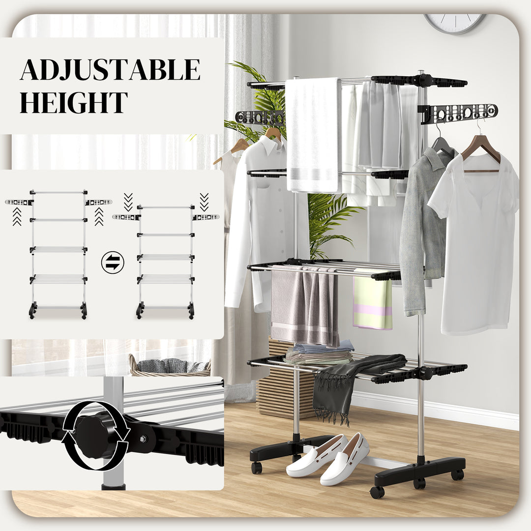 Four-Shelf Collapsing Clothes Horse, With Side Arms and Wheels - Black