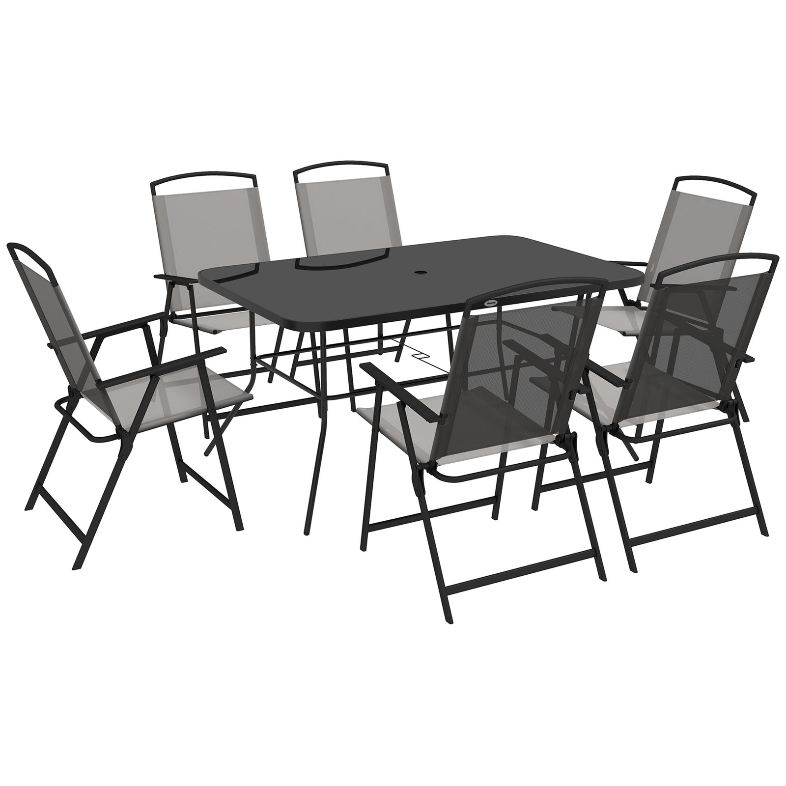 Seven-Piece Garden Dining Set, with Glass-Top Table and Folding Chairs - Grey