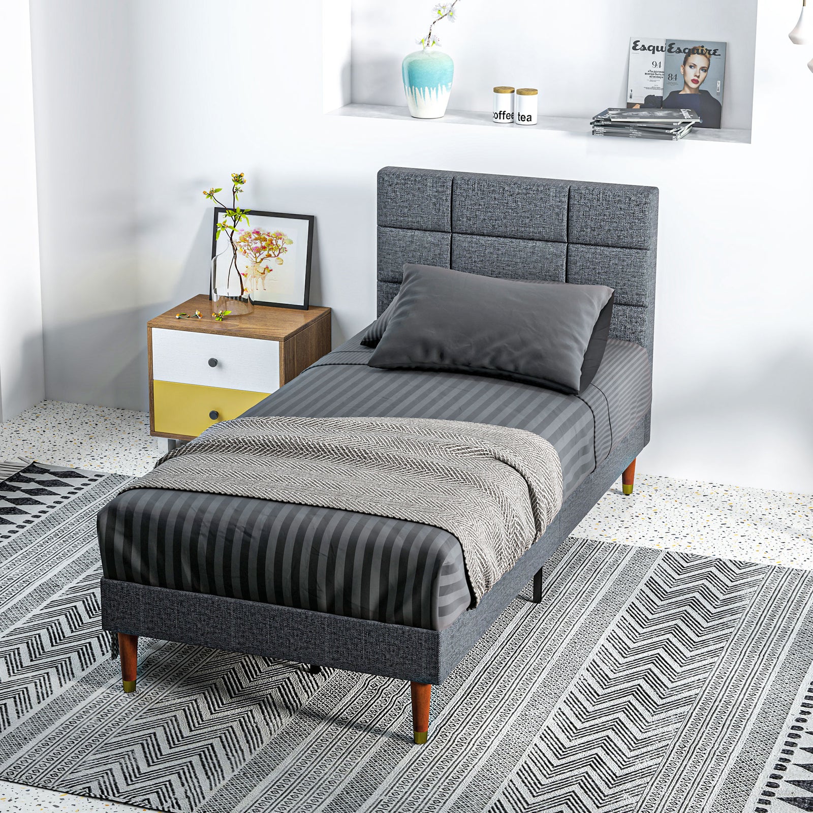 Upholstered Single Bed Frame, with Slats - Grey