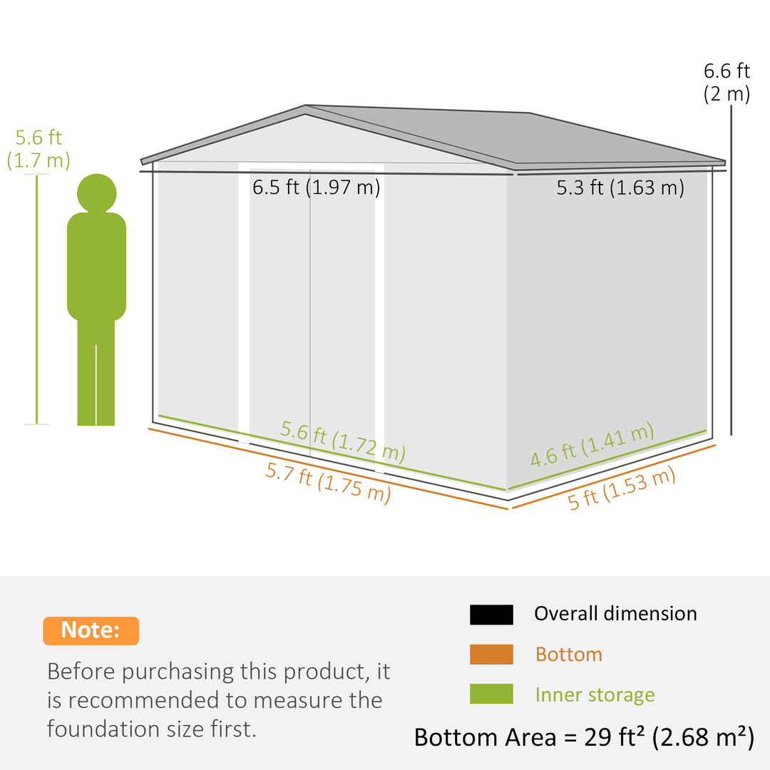 MCL 6.5 x 5ft Metal Garden Shed, House Hut Gardening Tool Storage with Ventilations, Sliding Door, Sloped Roof for Garden, Patio, Brown