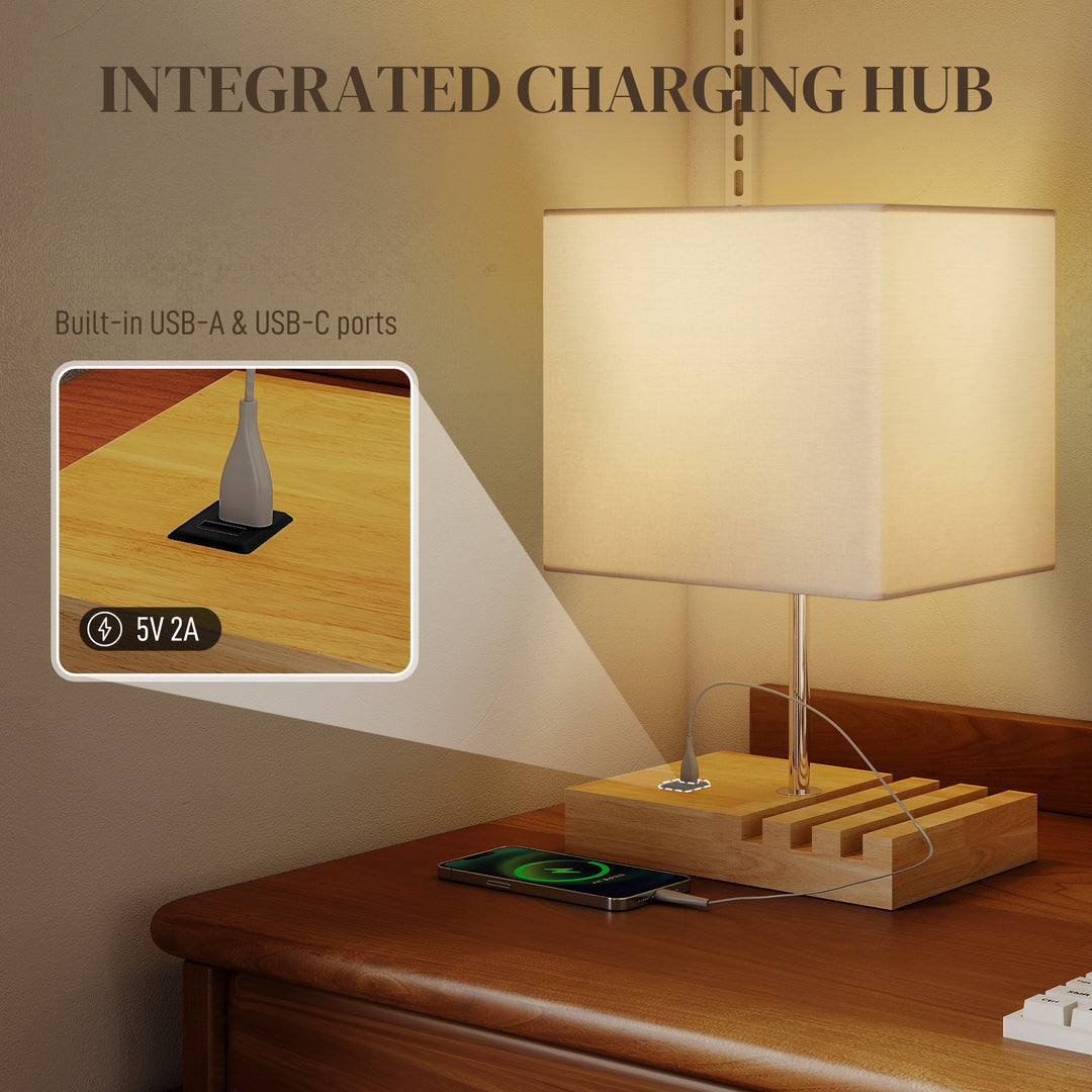 Bedside Lamp with USB A+C Charging Ports and 3 Phone Stands, Modern Table Lamp with Solid Wood Base and Fabric Shade for Bedroom Living Room Office, E27 Socket, Bulb Not Included