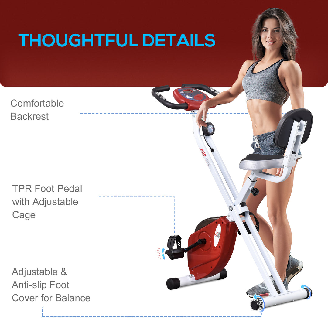 Folding Exercise Bike, Fitness Bicycle Indoor Trainer, 8-Level Magnetic Resistance Adjustable, with LCD Monitor, Pulse Sensor, Red