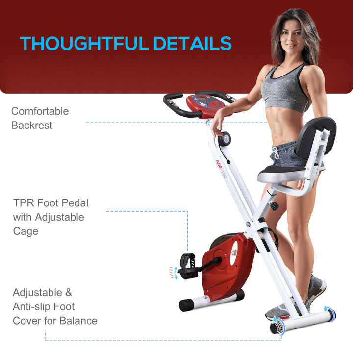 Folding Exercise Bike, Fitness Bicycle Indoor Trainer, 8-Level Magnetic Resistance Adjustable, with LCD Monitor, Pulse Sensor, Red