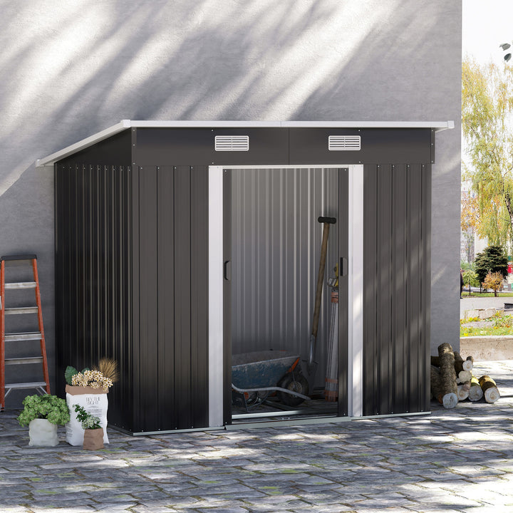 7 x 4ft Outdoor Storage Shed with Foundation Kit, Lean to Metal Garden Shed for Log, Rubbish Bin, Tool, Lawnmower, Bike, Patio and Lawn Use, Black