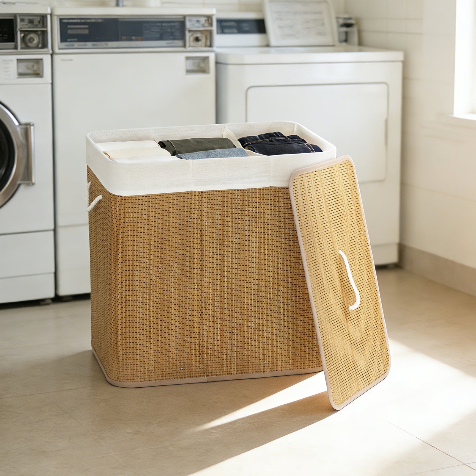 3 Section Laundry Basket with Lid, 144L Bamboo Laundry Hamper with Han