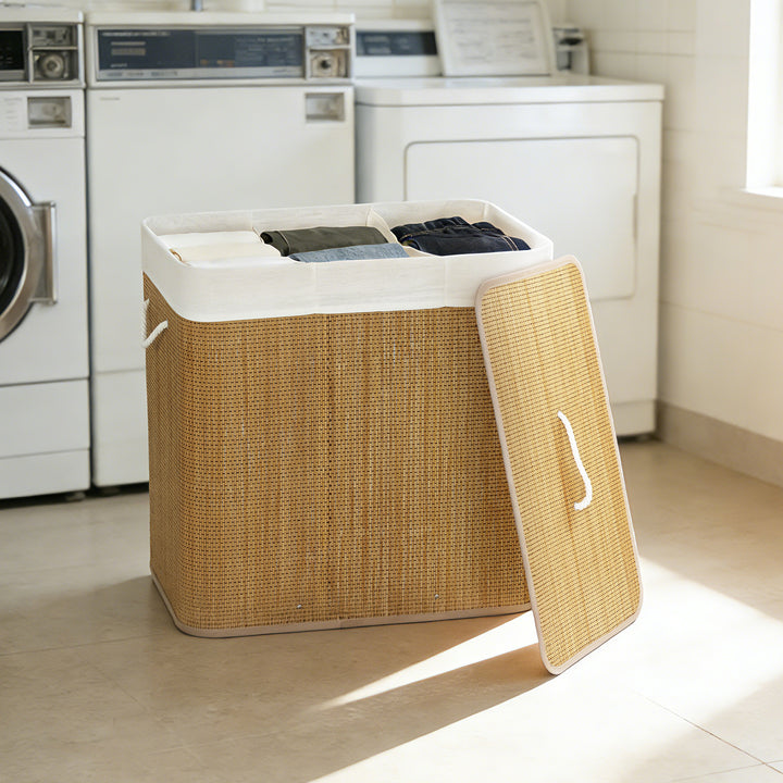 3 Section Laundry Basket with Lid, 144L Bamboo Laundry Hamper with Han