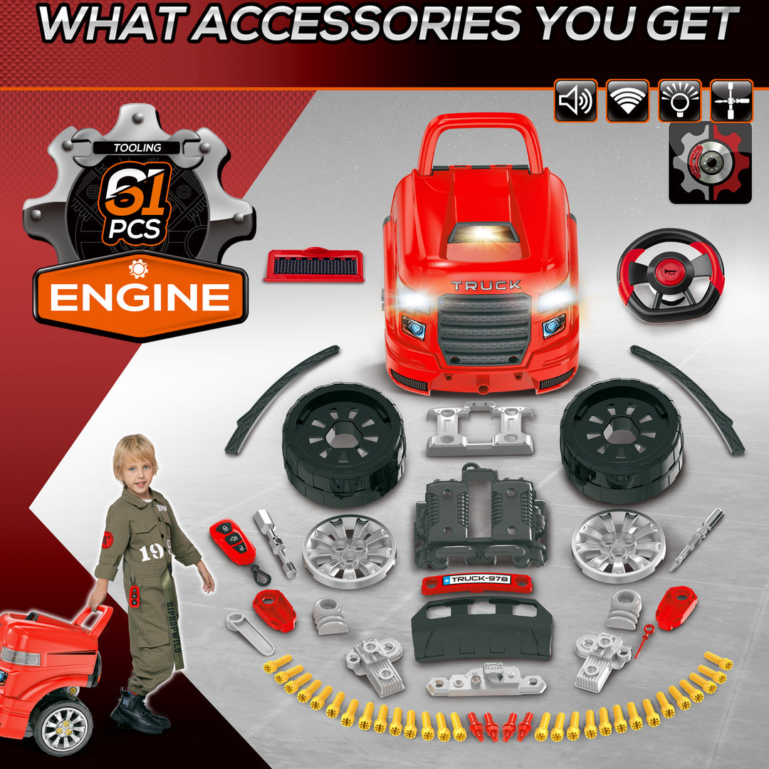 Kids Truck Engine Toy Set, Toddler Educational Car Service Station Playset, Take Apart Workshop, w/ RC Car Key, Steering wheel, Horn, Light, for 3-5 Years Old Red