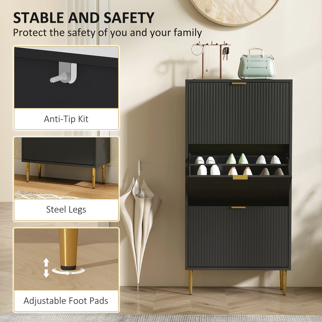 Narrow Shoe Cabinet with 3 Flip Drawers - Black