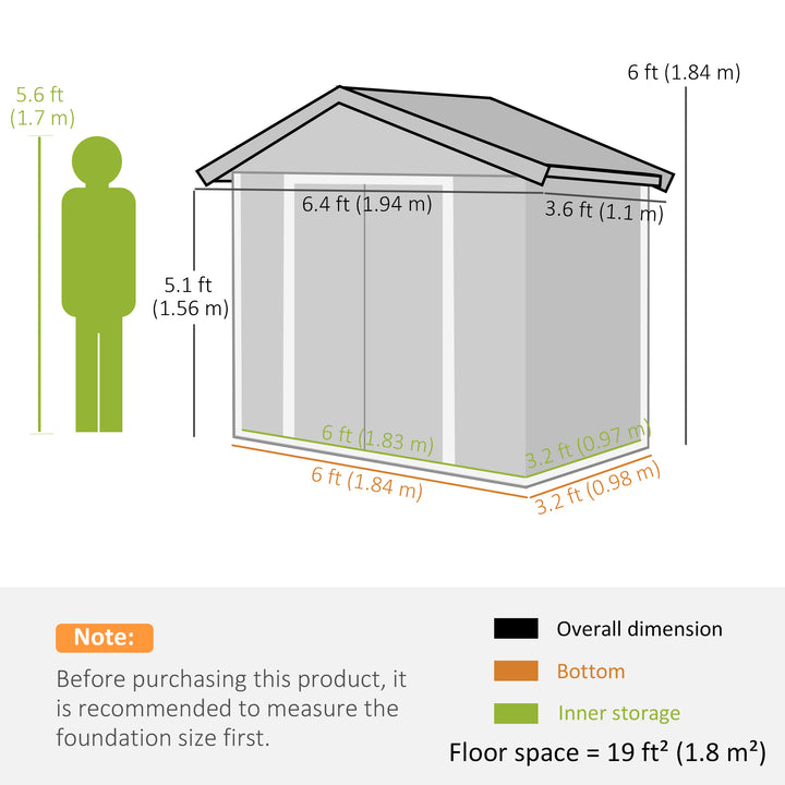 6.5ft x 3.5ft Metal Garden Storage Shed for Outdoor Tool Storage with Double Sliding Doors and 4 Vents, Grey