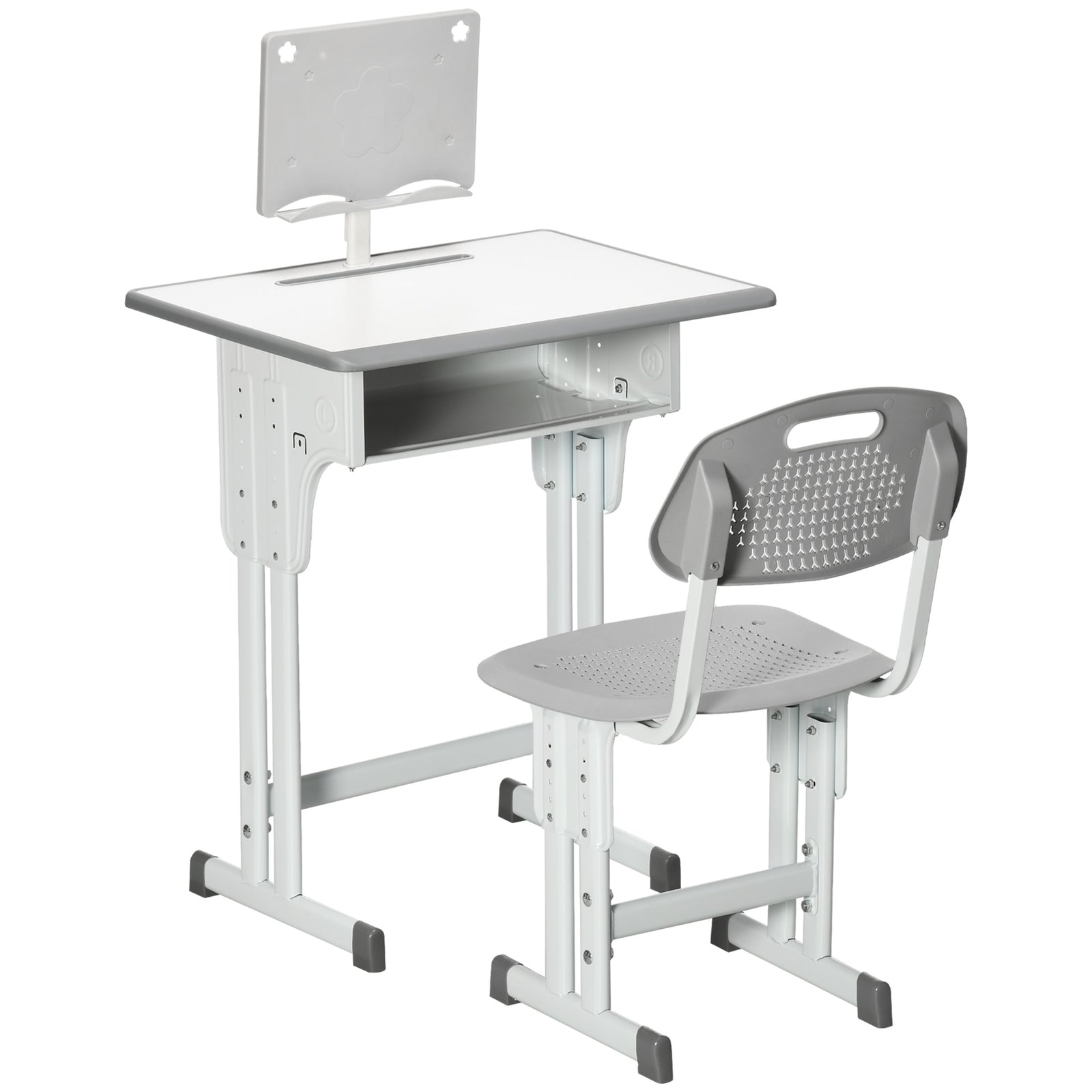 Kids Adjustable Desk and Chair Set, Book Stand, Pen Slot - Grey