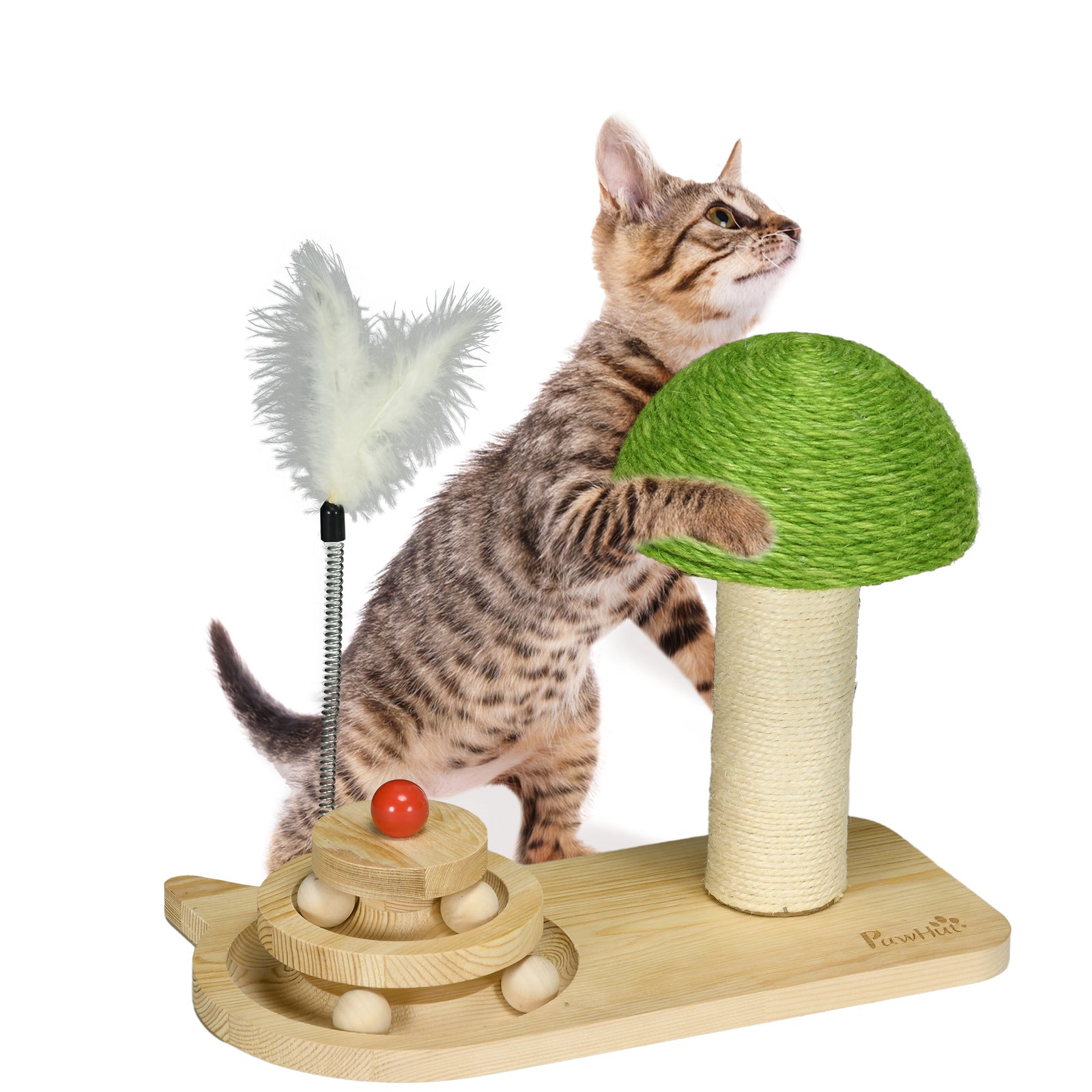 Mushroom-Shaped Cat Scratching Post, with Toy Balls, Feather for Indoor Cats, 35 x 21 x 26cm - Natural Tone