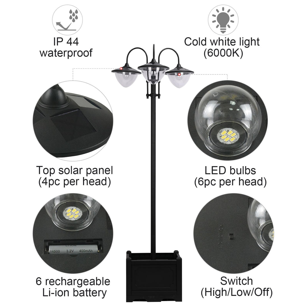 189cm 3-head Solar Lamp Post, Street Light with Planter, Automatic-on, 6 Hour Max Outdoor Ready LED Lighting, Black