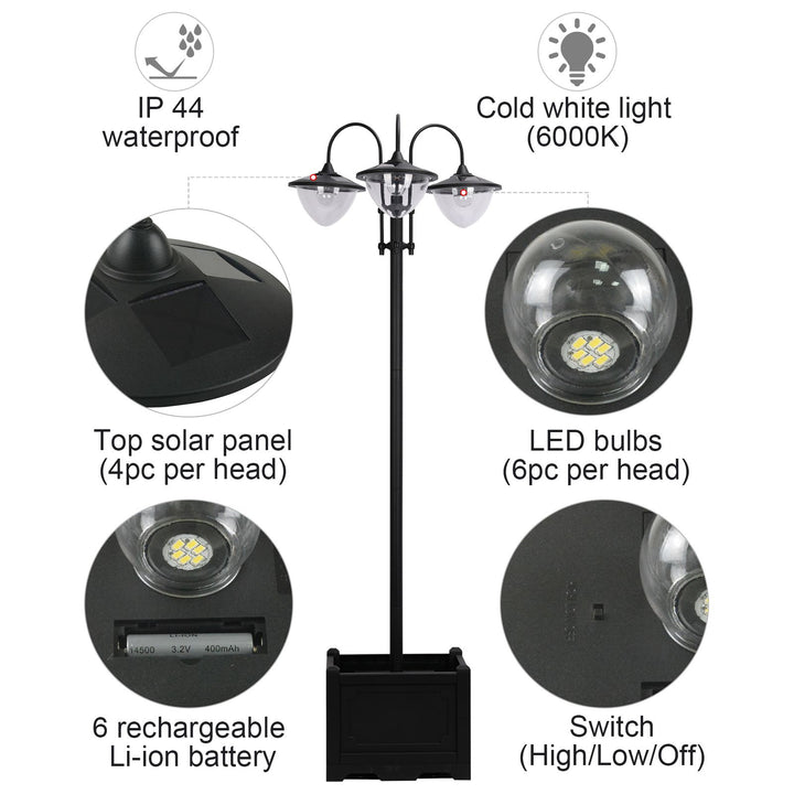 189cm 3-head Solar Lamp Post, Street Light with Planter, Automatic-on, 6 Hour Max Outdoor Ready LED Lighting, Black