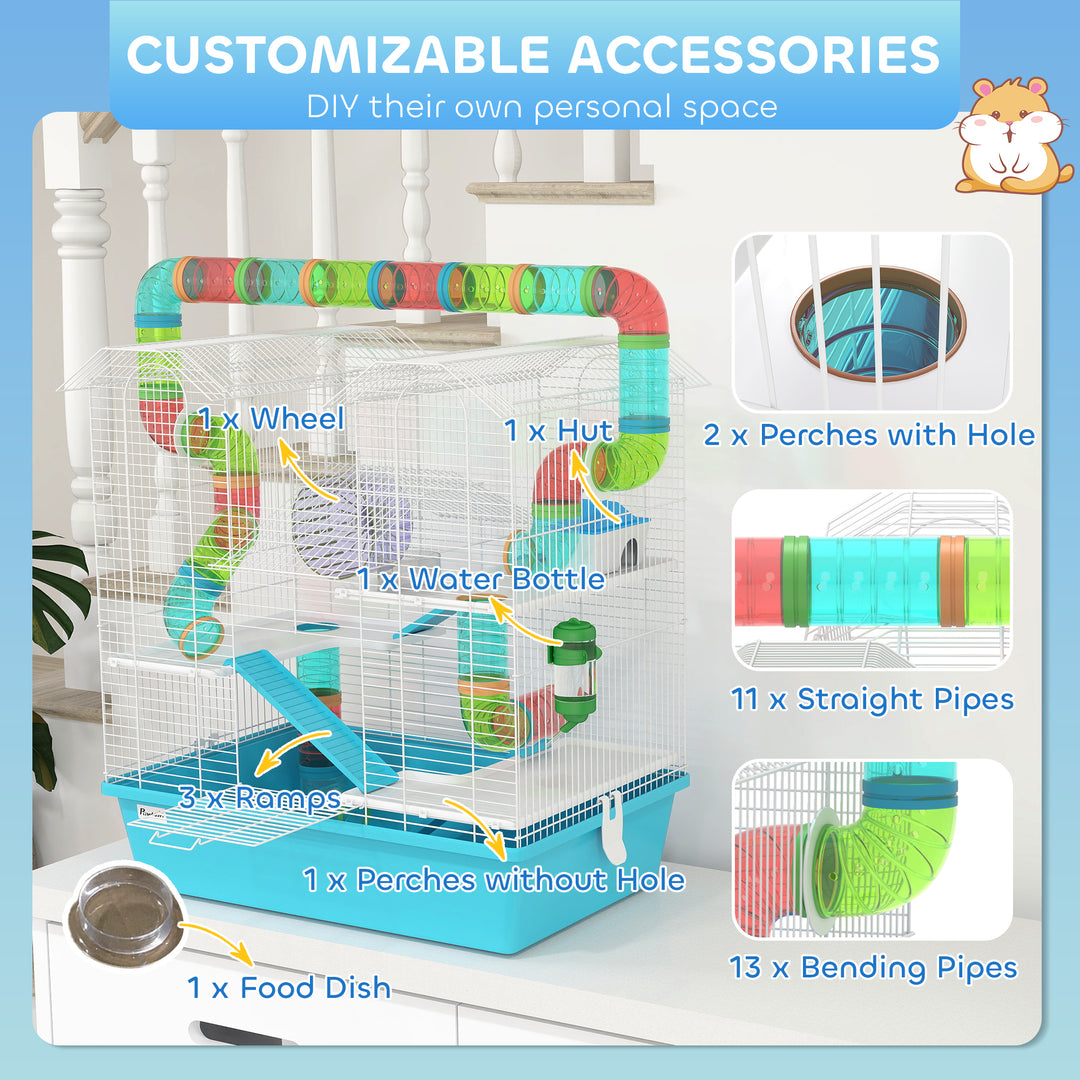 4 Tier Hamster Cage w/ Tubes, Exercise Wheel, Hut, Water Bottle, Food Dish, Ramps, for Dwarf Hamster, Light Blue