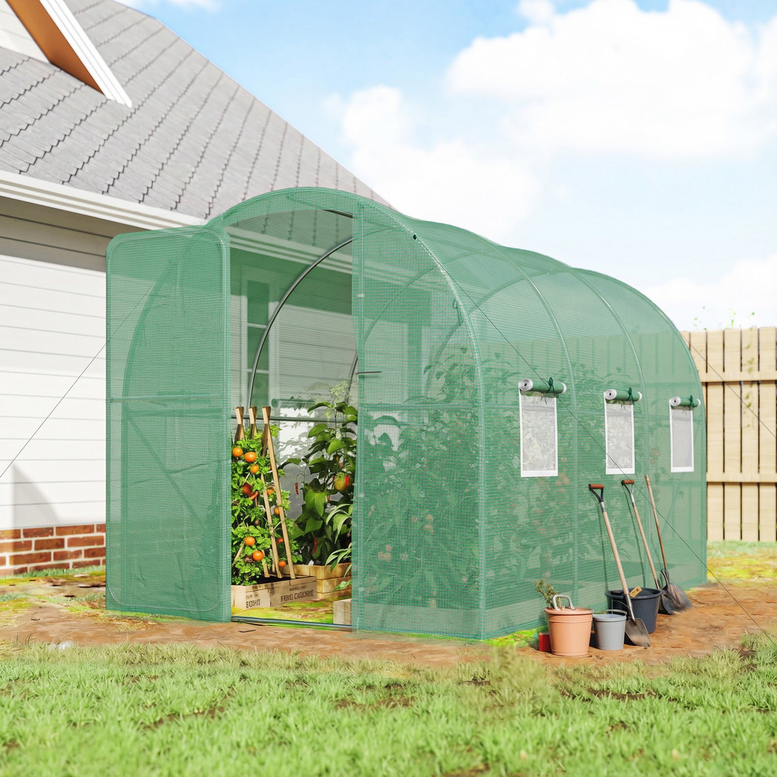 2 x 3 m Walk-in Polytunnel Greenhouse with Hinged Door and 6 Roll Up M