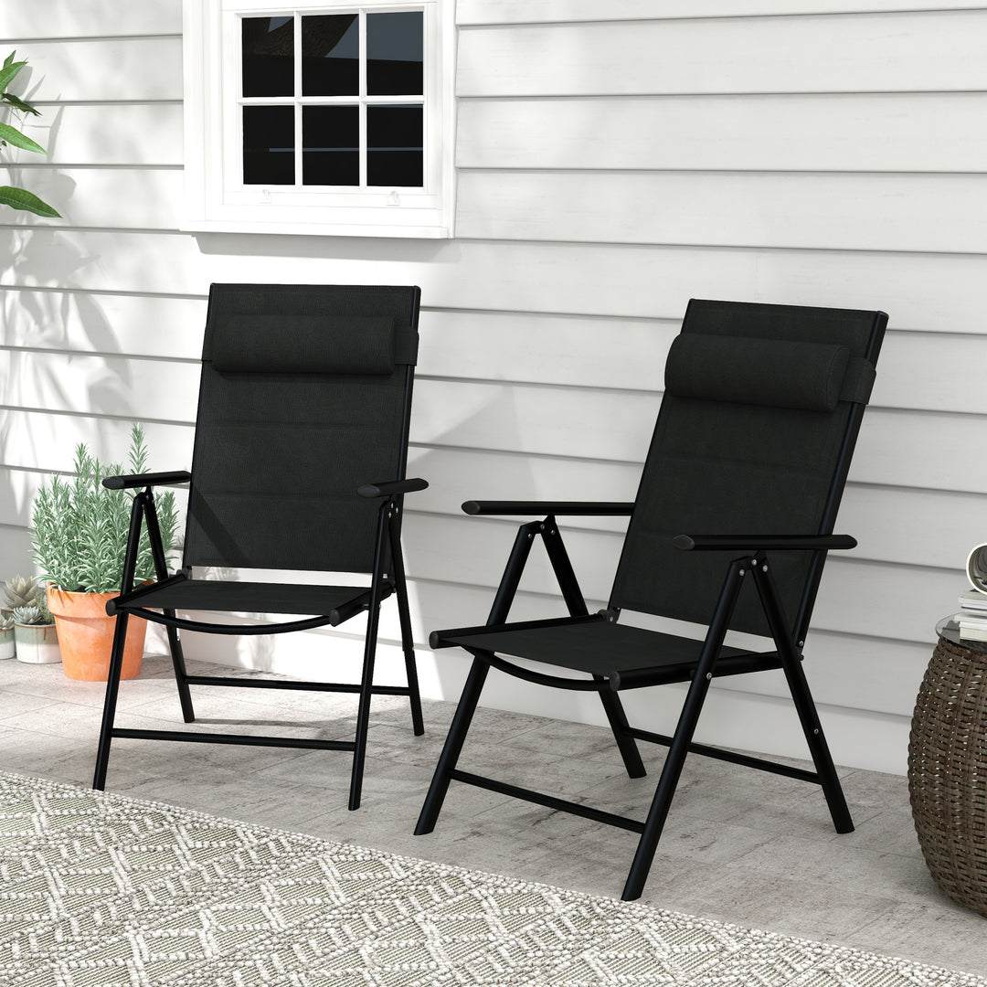 Outsunny Patio Folding Chairs Set of 2 with Adjustable Back, Garden Dining Chairs with Mesh Fabric Padded Seat & Headrest, Black | Aosom UK