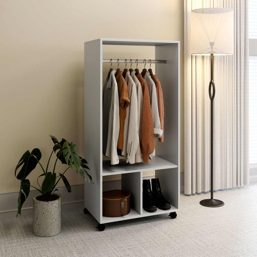 Open Wardrobe on Wheels, Bedroom Wardrobe with Clothes Hanging Rail, 2 Storage Shelves, Mobile Garment Rack for Cloakroom, Hallway, Grey