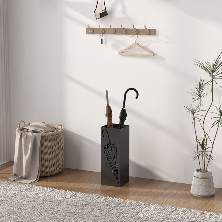 Metal Umbrella Stand, Square Umbrella Holder with 4 Hooks and Removable Drip Tray, Decorative Umbrella Storage Rack for Entryway, Hallway, 15.5 x 15.5 x 41 cm, Black