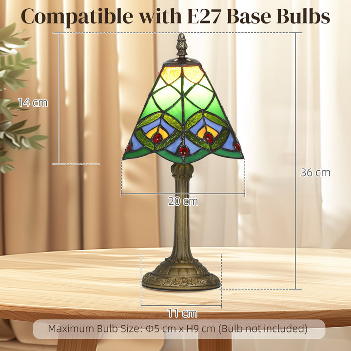 MCL Tiffany-Style Table Lamp with Geometric Patterns, Handcrafted Antique Stained Glass Bedside Lamp for Living Room and Bedroom, E27 Socket, Green