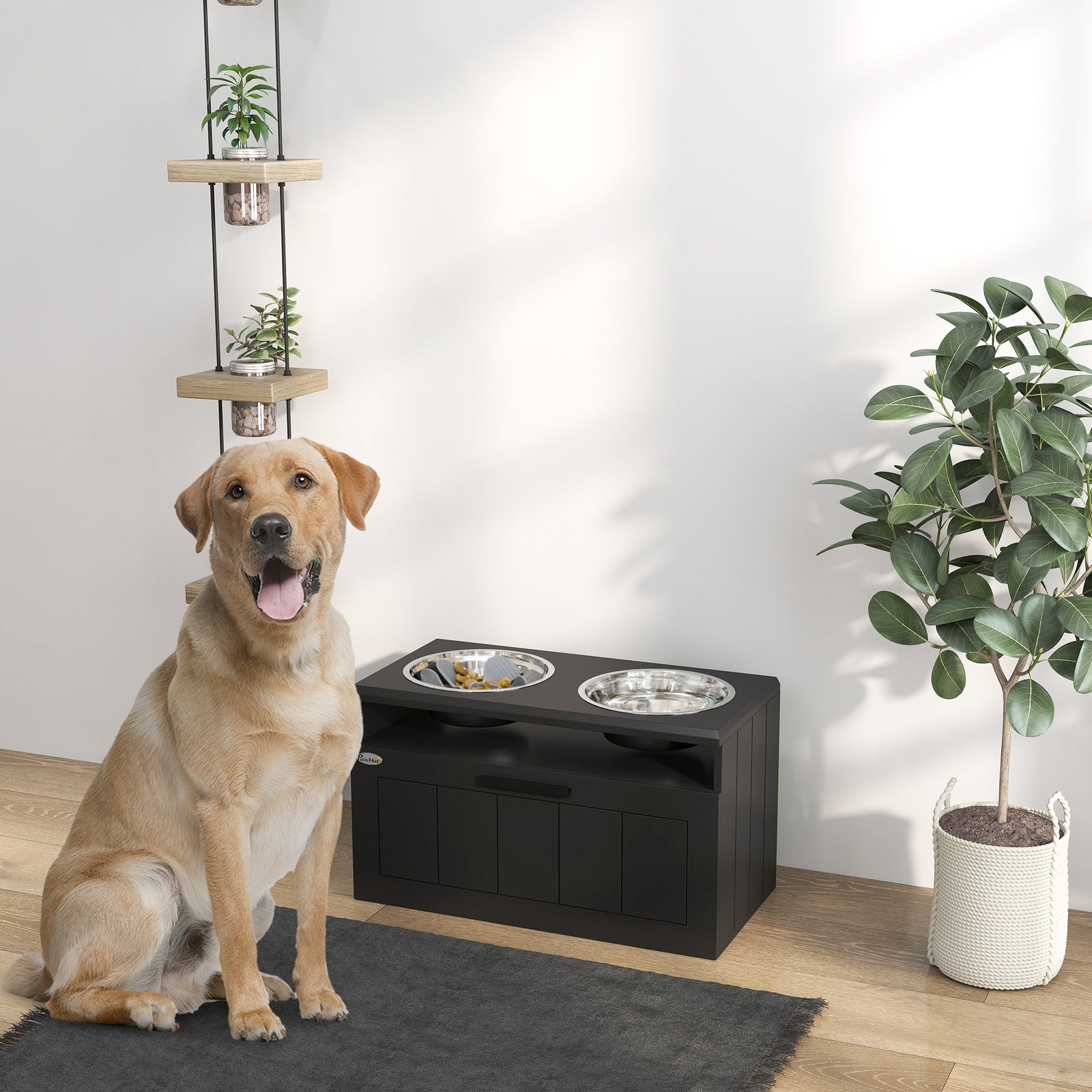 Raised Dog Bowl with Slow Feeder, Two Stainless Steel Dog Bowls, Drawer, for Large and Extra Large Dogs, Black