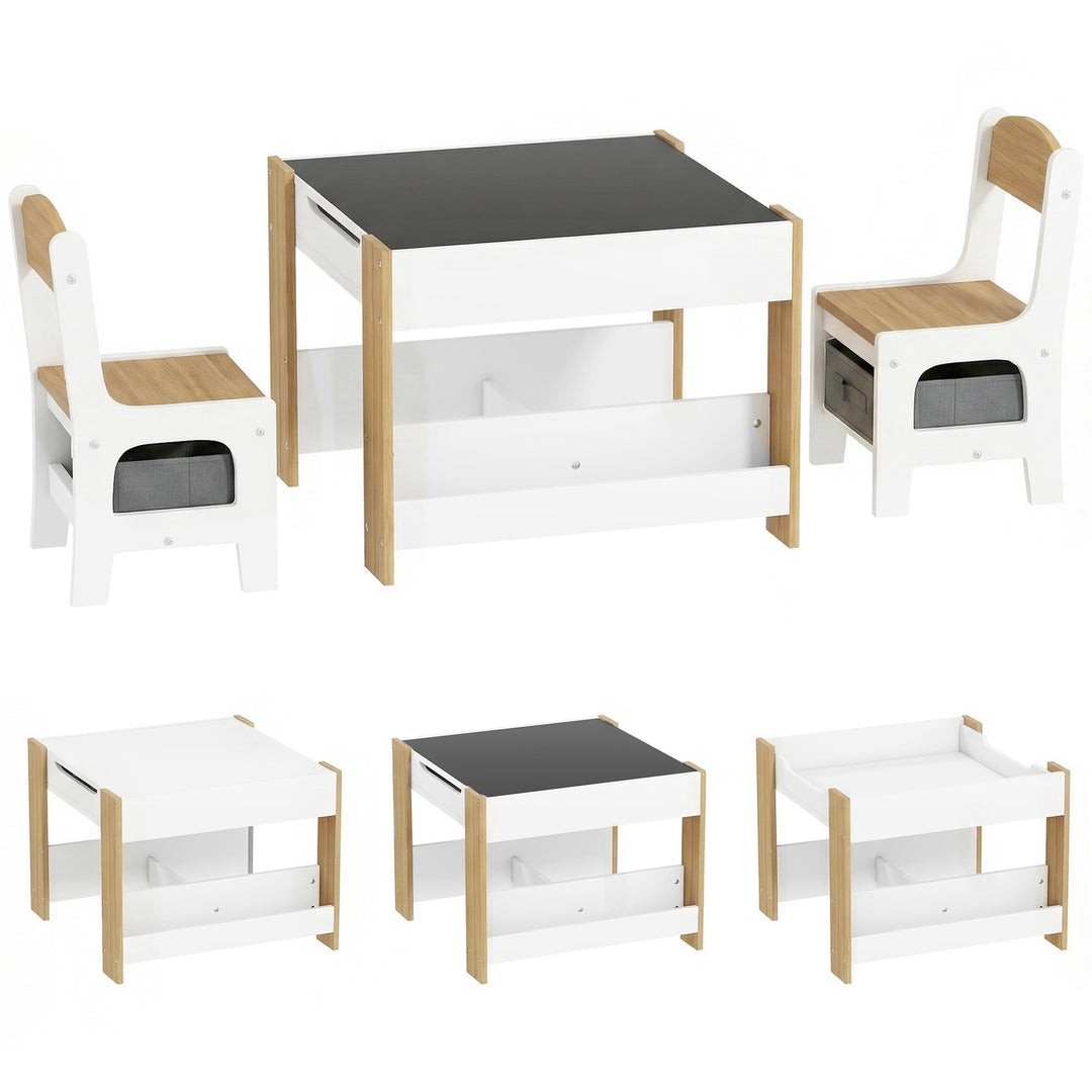 Three-Piece Kids Table and Chair Set with Blackboard, Storage, Bookshe