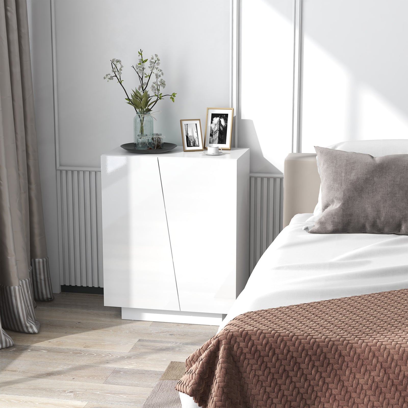 High Gloss Storage Cabinet, Freestanding Storage Cupboard with Adjustable Shelves for Living Room, Bedroom, Hallway, White