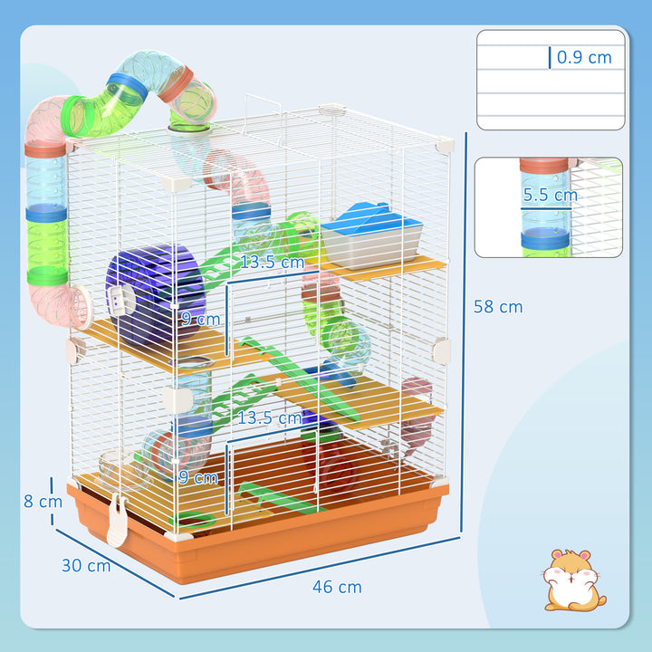 PawHut 5 Tier Hamster Cage Carrier Habitat w/ Exercise Wheels, Tunnel, Orange | Aosom UK