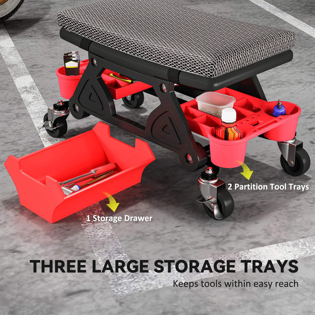 Rolling Mechanic Stool, 135kg Capacity Workshop Stool, 360° Swivel Roller Padded Creeper Seat with Wheels, Slide Out Tool Trays and Drawer for Garage, Shop, Auto Repair, Black