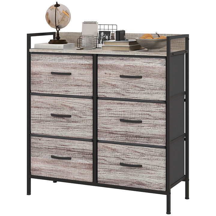 HOMCOM Rustic Chest of Six Fabric Drawers - Grey Wood Effect | Aosom UK