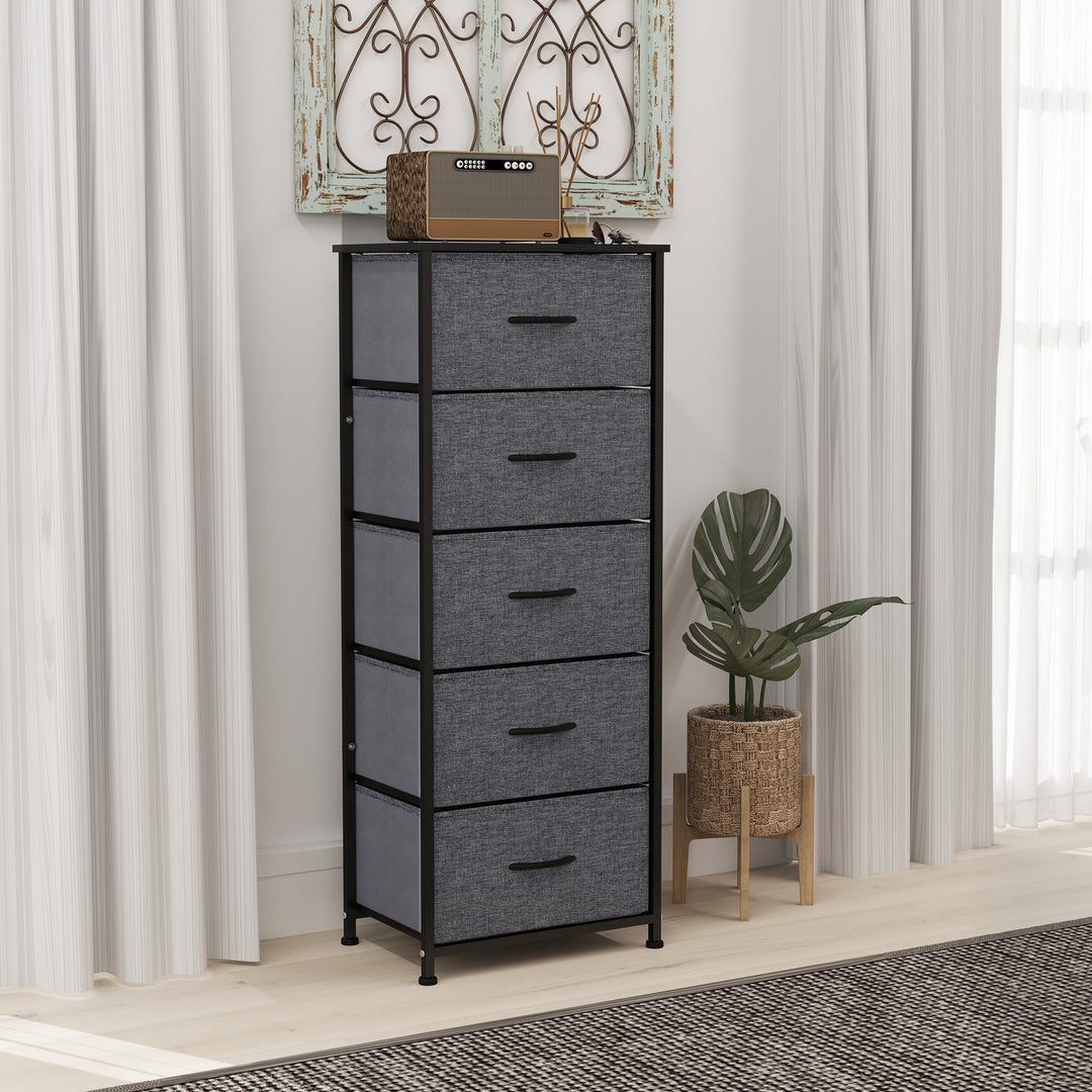 Fabric Chest of Drawers, Industrial Bedroom Dresser with 5 Fabric Drawers, Steel Frame and Wooden Top for Nursery, Living Room, Hallway, Dark Grey
