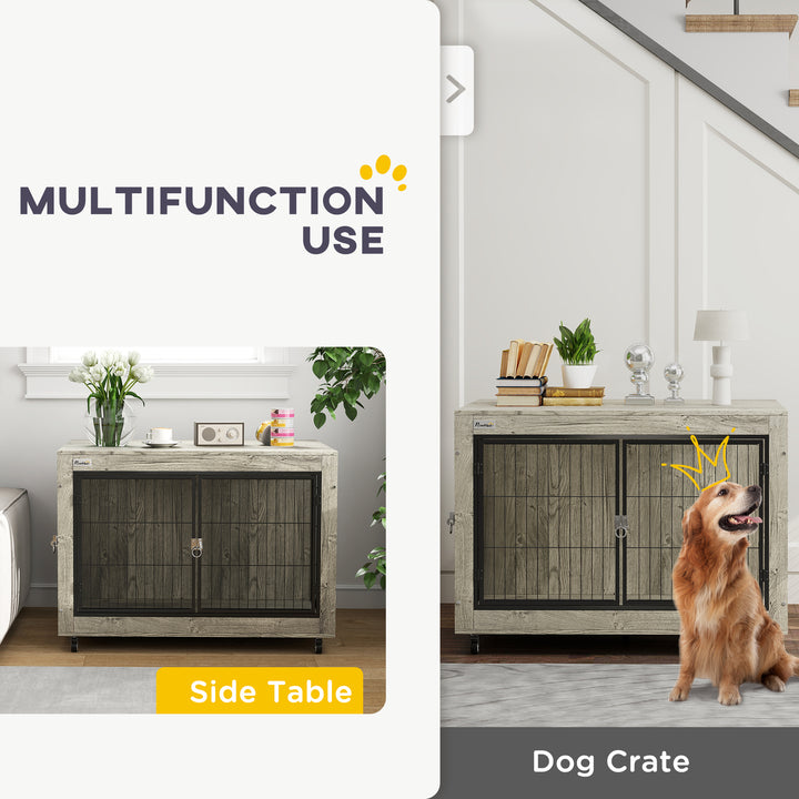 Dog Crate Furniture with Wheels, Double Doors, for Large Dogs, Grey
