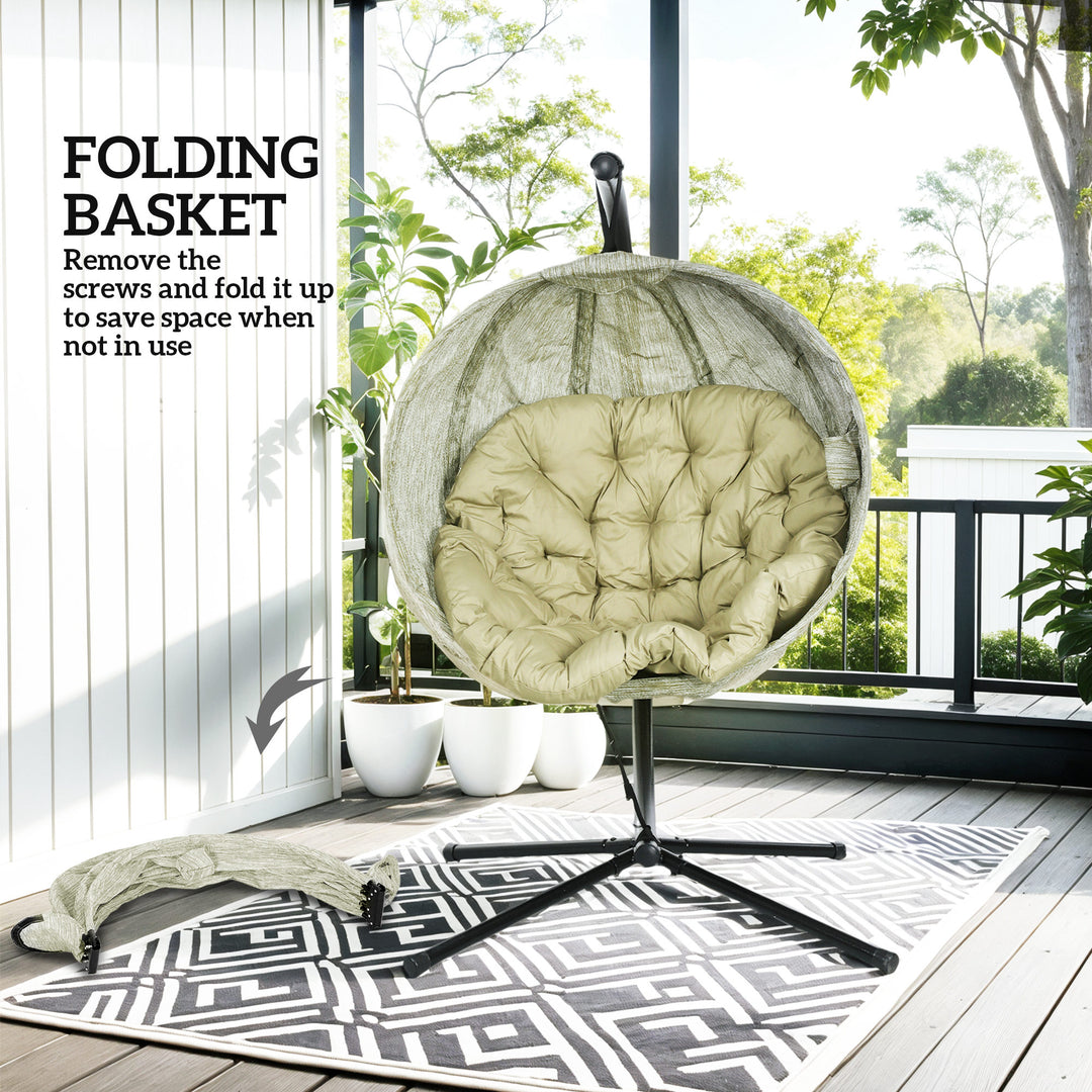 Hanging Egg Chair Outdoor Indoor Garden Swing Chair with Folding Basket, Garden Hanging Chair with Stand, Thickened Cushion, Cup Holder for Patio, Balcony, Khaki